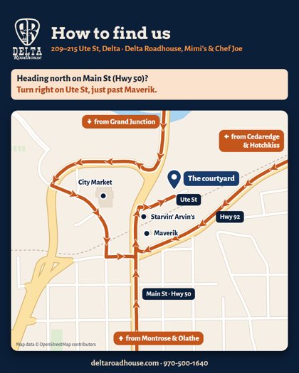 Delta Roadhouse how-to-find-us card